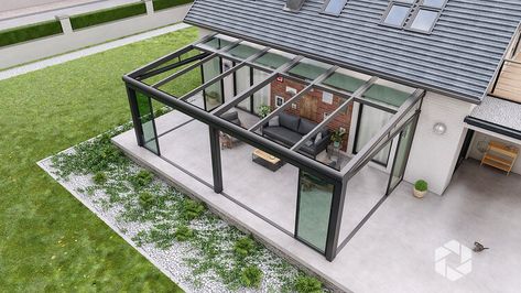 SA200 Retractable Glass Roof with Sliding Glass Doors Sliding Glass Door Screen, Green Sunroom, Retractable Glass Roof, Glass Sunroom, Pergola Roof, Sunroom Addition, Pergola With Roof, Covered Pergola, Glass Roof