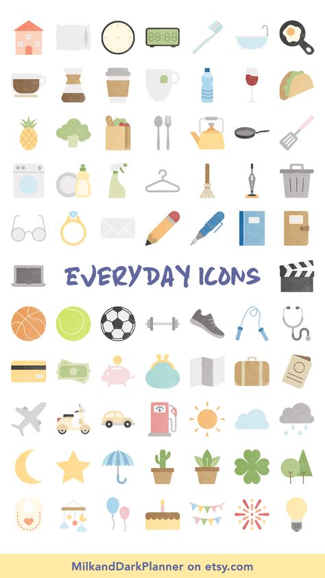 This functional digital stamp set includes 220 icons to organise and decorate your planner. It focus on everyday necessities to plan your daily activities and routine. Use them to emphasise events, flag appointments, track goals, mark vacations and stay organised all year long. Includes icons of daily essentials, food and drink, kitchen and cleaning, finance, travel, hobbies and more #digitalstamps #digitalstickers #everydayicons #dailyessential #foodanddrink #cleaningicon #travelicon #dailyplan Minimalist Elements, Track Goals, Digital Journaling, Flat Design Icons, Planner Stamps, Candy Art, Scrapbook Materials, Daily Necessities, Bullet Journal Doodles