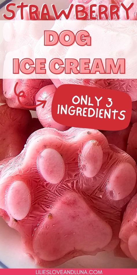 Paw shaped strawberry ice cream for dogs treat with a text overlay that reads strawberry dog ice cream, only 3 ingredients. Fruit Treats For Dogs, Dog Ice Cream Recipe Homemade, Homemade Ice Cream For Dogs, Greek Yogurt Recipes For Dogs, Homemade Dog Ice Cream, Diy Dog Ice Cream Recipes, Dog Popsicles Recipe Easy, Doggie Ice Cream Recipes, Puppy Popsicles Recipes