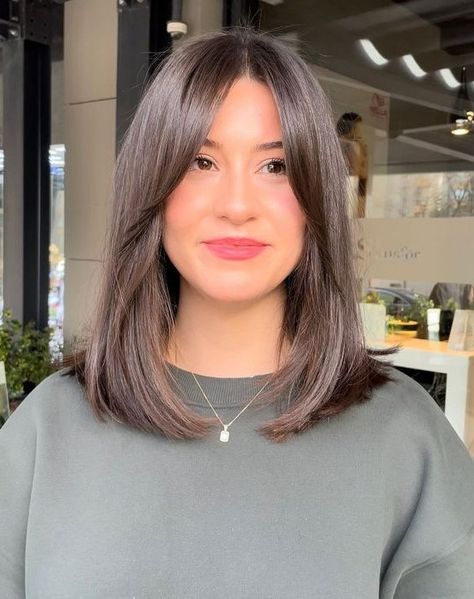 a medium length dark brown haircut with curtain bangs and a perfect touch of shine is amazing Haircuts For Medium Length Hair, Straight Hair Cuts, Bangs With Medium Hair, Hairstyles For Layered Hair, Shoulder Length Hair Cuts, Haircuts For Medium Hair, Haircuts Straight Hair, Penteado Cabelo Curto, Haircuts For Long Hair