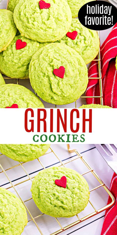 The Grinch might be mean but these Grinch Cookies with JELL-O are nothing but sweet! Bright green cookies have a red heart at the center. Your party guests will love this nod to the classic Seuss holiday story! Grinch Cookie, Grinch Cookies, Cookies Gingerbread, Easy Christmas Cookie Recipes, Christmas Cookies Easy, Cookie Party, Xmas Cookies, Heart Cookies, Christmas Snacks