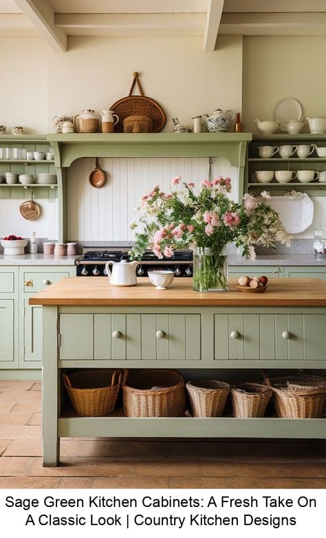 Sage Green Kitchen, Country Kitchen Designs, Green Kitchen Cabinets, Kitchen Cabinet Styles, Green Cabinets, Kitchen Inspiration Design, Decoration Inspiration, Cottage Kitchen, Green Kitchen