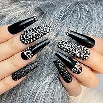 Rhinestone Nails Halloween, White And Black Glitter Nails, Black With Rhinestones Nails, Christmas Nail Designs Long Nails, Bling Press On Nails, Black Nails Ideas Glitter, Black Nails With Jewels, Nail Ideas Bling, Goth Wedding Nails