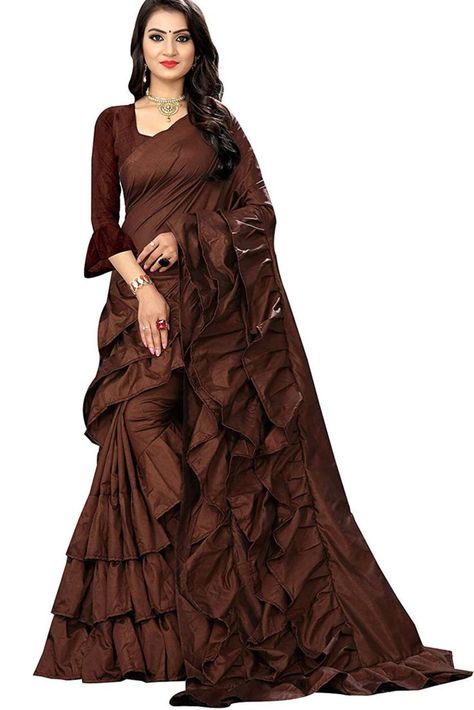 Chocolate Brown Ruffled Saree with Blouse Piece. Click Link to Buy. Ruffled Saree, Brown Saree, डिजाइनर कपड़े, Latest Saree, Modern Saree, Ruffle Saree, Saree Designs Party Wear, Pure Silk Saree, Silk Saree With Blouse