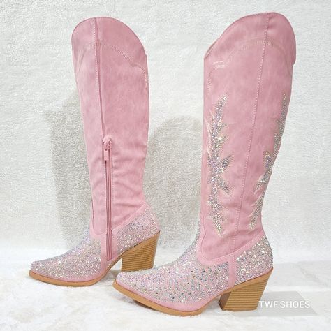 Yours Forever Soft Vegan Leather Multi Size Iridescent (Multi Color Sparkle) Rhinestones Gorgeous! Western Cut Heels ( Approx. 2.75") Knee High Shaft With Half Inner Zipper For Easy On/Off Brand New In Box Composite Sole With Faux Wood Look Heels Bling Out Cowboy Boots, Cowgirl Rhinestone Boots, Western Glitter Boots, Pink Cowgirl Fancy Dress, Blingy Cowgirl Boots, Ponk Cowgirl Boots, Summer Boots With Rhinestones And Round Toe, Summer Party Boots With Rhinestones, Spring Boots With Glitter Accents And Round Toe