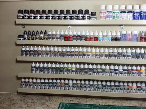 Over the past few years, I've been asked a few times what I use for keeping my model paints organized.  If you've read my "Painting Room"  ... Hobby Organization, Model Kits Hobbies, Paint Rack, Paint Organization, Painting Station, Hobby Desk, Painting Room, Vallejo Paint, Diy Basement