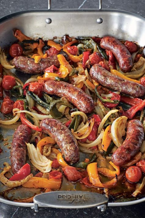 Ina Garten Roasted Sausages Peppers & Onions - Ina Garten Eats Ina Garten Recipe, Sausage Peppers And Onions, Italian Sausages, Baked Donut, Sausage Peppers, Poblano Peppers, Ina Garten Recipes, Hot Sausage, Hot Italian Sausage