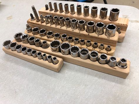 Tool Sockets, Tool Organization Diy, Garage Wall Storage, Socket Storage, Diy Storage Shelves, Tool Storage Cabinets, Socket Organizer, Woodshop Organization, Garage Tool Organization