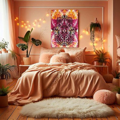 Hamsa Hand Mandela Print Orange Pink Tie Dye Effect Cotton Wall Tapestry Boho 100% Cotton Brand New Twin Size 85 X 59 Approx. Salmon Pink Room Bedrooms, Bold Eclectic Bedroom, Sunset Bedroom Decor, Pastel Orange Bedroom, Orange Room Bedroom, Orange Pink Room, Bright Color Bedroom, Pink Orange Room, Afro Boho Bedroom