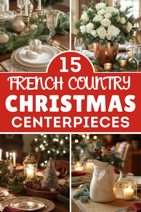 Looking to elevate your holiday table with timeless beauty? These French country Christmas centerpiece ideas combine elegant greenery, gold details, and vintage accents to create the perfect festive look. From floral arrangements to chic DIY designs in a dough bowl, these ideas for your table bring warmth and sophistication, turning any dining table into a magical setting for Christmas gatherings. French Christmas Table Settings, Flowers For Christmas Table, Victorian Christmas Tablescape, Winter Dining Table Centerpiece, Christmas Dining Table Centerpiece Ideas, Vintage Christmas Dining Table Decor, Christmas Center Piece For Table Holiday, Christmas Bowl Fillers Ideas, Christmas Dining Room Table Centerpiece