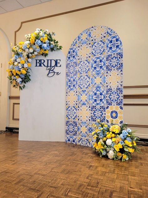 Royal Blue And Yellow Centerpieces, Mediterranean Photo Backdrop, Chinoiserie Photo Backdrop, La Dolce Vita Bridal Party, Positano Bridal Shower Ideas, Italian Themed Wedding Shower Ideas, Amalfi Coast Shower Theme, Dolce And Gabbana Bridal Shower Theme, Sicilian Bridal Shower Theme