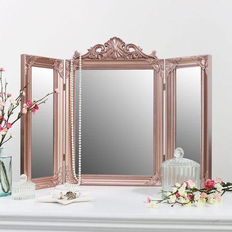 Table Top Mirror, Triple Mirror, Gold Home Accessories, Trifold Mirror, Gold Home Decor, Table Console, Pink Mirror, Pink Home Decor, Stylish Tables