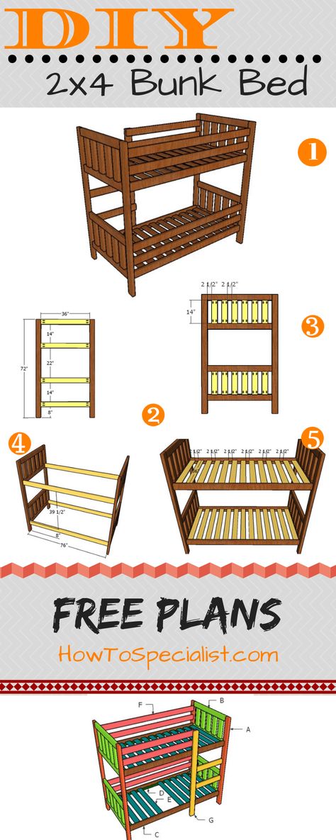 Free plans for you to learn how to build a bunk bed from 2x4s. I have optimized the plans so you can save money and make the most of the materials. Cut list and Shopping list included in the plans! PDF download and Print Friendly! #diy #bunkbed #bedframe Simple Bunk Beds Diy, Diy Wooden Bunk Beds, Full Size Bunk Bed Plans, Low Bunk Beds Diy, 2x4 Bunk Beds Diy, Easy Bunk Beds Diy, Bunk Bed Blueprints, Diy Twin Over Twin Bunk Bed Plans, Diy Twin Bunk Bed Frame Easy