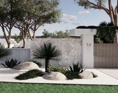 Palm Springs Front Yard, Modern Australian Garden, Coastal Backyard, Palm Springs Garden, Australian Garden Design, Beach Style Decorating, Beach House Exterior, Front Garden Design, Front Yard Design