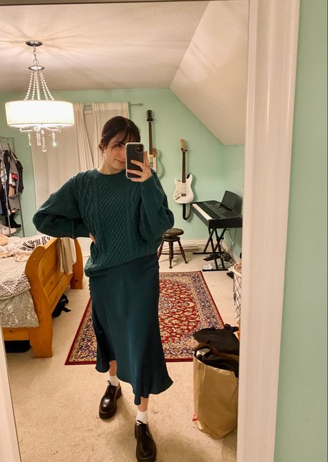 Emerald Green Silk Skirt Outfit, Green Sweater Skirt Outfit, Peggy Sweater Aritzia, Skirt Outfits Sweater, Green Silk Skirt Outfit, Peggy Sweater, Emerald Green Outfit, Green Skirt Outfits, Green Silk Skirt