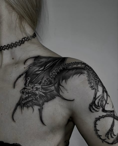 Goth Dragon Tattoo, Gothic Realism Tattoo, Gothic Shoulder Tattoo, Tattoo Shoulder Ideas, Dragon Skeleton Tattoo, Back Hip Tattoo, Sea Monster Tattoo, Shoulder Cover Up Tattoos, Dave Tattoo