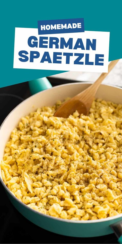 This German spaetzle recipe is browned in butter and seasoned perfectly to pair with your favorite dinner dishes. Egg-based dumplings with a bit of herb flavor, they are delicious with schnitzel or sauerbraten. Spaetzle Recipes Sauces, How To Make Spaetzle, Spaetzle Recipes, German Recipes Dinner, Egg Pasta Recipe, Sauerbraten Recipe, German Side Dishes, German Schnitzel, German Spaetzle