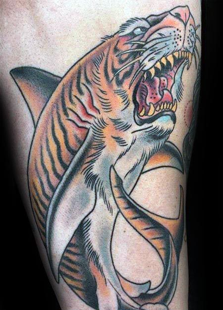 Cool Tiger Shark Tattoo Design Ideas For Male Tiger Shark Tattoo, Tiger Tattoo Meaning, Traditional Shark Tattoo, Lion Tattoo Meaning, Traditional Tattoo Man, Mens Lion Tattoo, Animals Tattoo, Insect Tattoo, Shark Tattoo