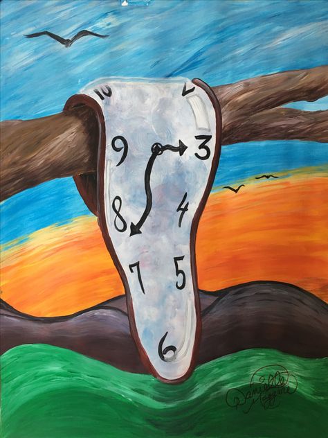 Dadaism Drawing, Nadrealizam Art, Time Painting Ideas, Dadaism Art Ideas Easy, Surrealism Painting Easy Acrylic, Time Drawing Ideas, Melting Clock Drawing, Melting Clock Art, Dadaism Art Paintings