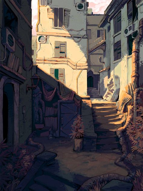 alley, Krzysztof Maziarz on ArtStation at https://www.artstation.com/artwork/mEYka Alleyway Illustration, Alley Concept Art, Alley Illustration, Alley Painting, Fantasy Inn, Marvel Characters Art, Background Drawing, Matte Painting, Environment Concept Art