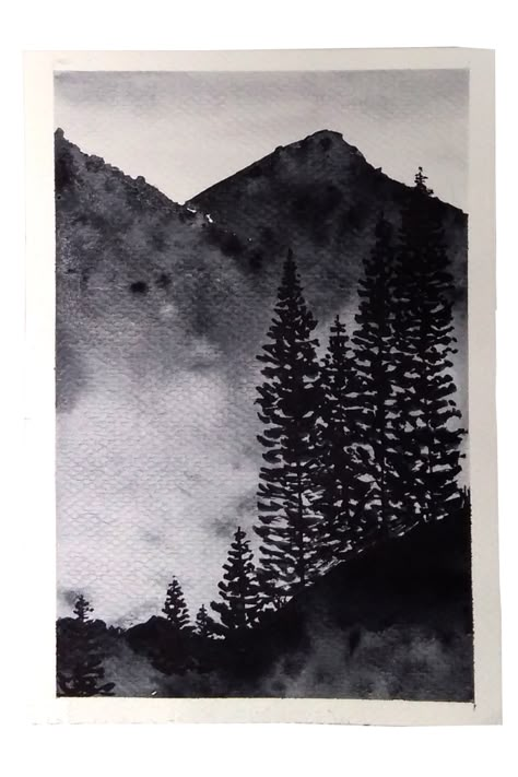 watercolor monochrome painting Watercolor Paintings Black And White, Landscape Black And White Painting, Black White Watercolor, Black White Watercolor Painting, Dark Watercolour Painting, Black And White Watercolor Painting Landscape, Dark Forest Watercolor, Black Watercolor Art, Black And White Painting Ideas Easy