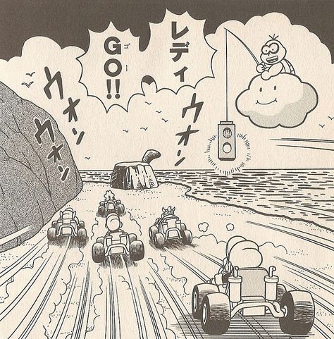 Mario Kart (from the manga: Super Mario-kun). Mario Kart Artwork, Mario Kart Illustration, Mario Kart Fanart, Mario Kart Aesthetic, Road Drawing, Nerd Aesthetic, Link Art, Super Mario World, Video Game Fan Art