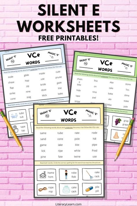 Graphic with 3 silent e worksheets on a pink brick background with the text, "Silent e worksheets, free printables!" Silent E Worksheets, Vce Words, Magic E Words, Long Vowel Sounds, Silent E, Vowel Worksheets, Long Vowel, Magic E, Social Story