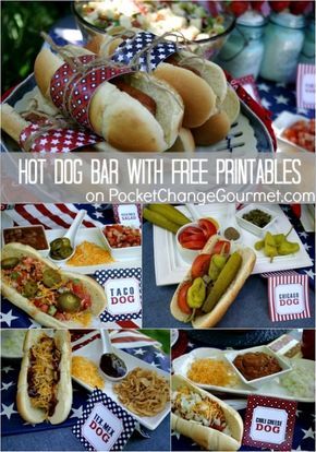 Hot Dog Bar with FREE Printables from PocketChangeGourmet.com Hot Dog Bar Printables Free, Hot Dog Bar Recipes, Hot Dog Party Ideas, Hot Dog Bar Printables, Hot Dog Bar Party, Hot Dog Bar Ideas, Hot Dog Party, Mini Hamburgers, Hot Dog Bar