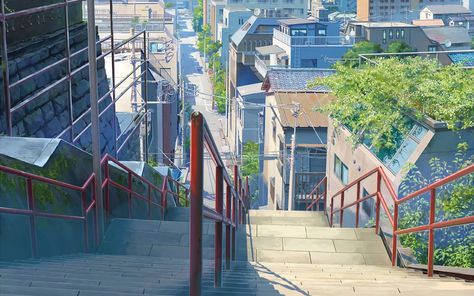 #Anime Your Name. #1080P #wallpaper #hdwallpaper #desktop Anime School Background Outside, Your Name Stairs, School Background Outside, Anime Island, Aesthetic Background Wallpaper, Perspective Reference, Your Name Wallpaper, Kimi No Nawa, Landscape Stairs