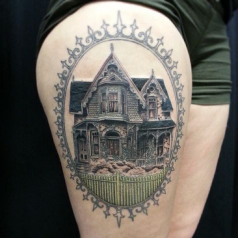 Worked some more on this fun “haunted” house tattoo today! Looking forward Haunted House Tattoo Simple, Victorian Home Tattoo, Abandoned House Tattoo, Victorian House Tattoo, Victorian Tattoos, House Tattoos, Haunted House Tattoo, Victorian Tattoo, House Victorian