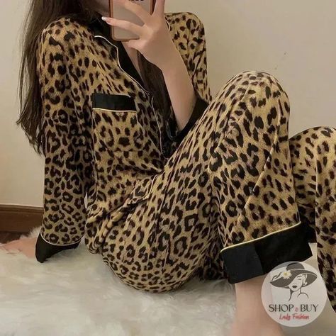 😍Check out this product 👉 $25.99 👉 www.shopxbuy.com #sleepwear #sleepwear Pajama Set Summer, Leisure Wear Women, Silk Pajamas Women, Leopard Cardigan, Korea Style, Fitted Cardigan, Women's Nightgowns, Linen Pants Women, Womens Pyjama Sets