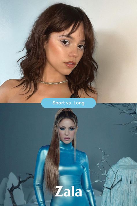 Jenna ortega, celeb hair, hair transformation, before and after hair, long hair, short hair, ponytail hairstyle, bangs, fringe, blonde hair, brunette hair Short Vs Long Hair, Drastic Haircut, Zala Hair Extensions, Bob With Curtain Bangs, Short To Long Hair, Hairstyle Bob, Celebrity Hair, Short Hairstyle, Curtain Bangs