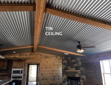 Corrugated Ceiling Ideas, Tin Interior Ceiling, Corrugated Bathroom Ideas, Tiny Cabin Ceiling Ideas, Metal Ceiling Living Room, Tin Ceiling Ideas Rustic Bedroom, Corrugated Metal Ceiling Living Spaces, Rustic Metal Ceiling Ideas, Diy Rustic Ceiling