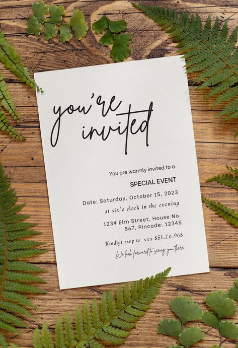 Modern business invitation template with gold foil accents and floral elements. Editable with Microsoft Word or Google. #You’re_Invited_Cards #You're_Invited_Invitation #Business_Invitation_Card_Design_Creative #Invitation_Business_Event You’re Invited Cards, You're Invited Invitation, Business Invitation Card Design Creative, You Are Invited Invitations, Event Launch, Invitation Business, Event Invitation Design, College Event, Business Fonts