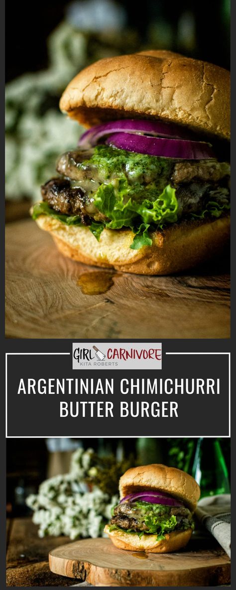 This Argentinian Chimichurri Butter Burger is simple and yet amazing in its flavors. Plus, I share a pro trick that makes it an over the top flavor experience. Chimichurri Butter, Chimichurri Burger, Butter Burger Recipe, Ultimate Cheeseburger, Argentinian Chimichurri, Argentinian Recipes, Pork Patties, Butter Burger, Argentine Recipes