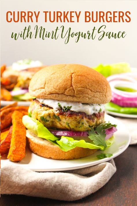 These easy and healthy turkey burgers can be prepped ahead of time for a fast weeknight meal. They are also delicious on the grill for a crowd/party! Ground Turkey Curry, Curry Turkey, Lentil Veggie Burger, Mint Yogurt Sauce, Turkey Curry, Classic Turkey, Mint Yogurt, Turkey Burger Recipes, Meat Free Recipes