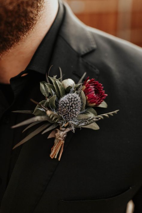 Dark And Moody Wedding Boutonniere, Cabernet Boutonniere, December Wedding Bouquets Brides, Dried Wedding Florals, Moody Wedding Flowers, Winter Wedding Flowers, Warehouse Wedding, Dfw Wedding, Dark Wedding