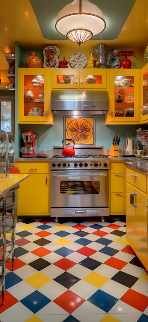 Retro Yellow Kitchen, Retro Kitchen Ideas, Kitchen Black Counter, Eccentric Kitchen, Funky Interior Design, Checkerboard Floors, Colorful Checkerboard, 70s Room, Whimsical Kitchen