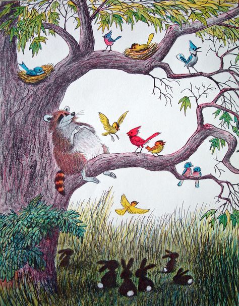 Farewell to Shady Glade, written & illustrated by Bill Peet Bill Peet Illustration, Bill Peet Art, Bill Peet, Wall Yoga, Ronald Searle, Animal Illustrations, Spring Wallpaper, Leisure Time, Farm Yard