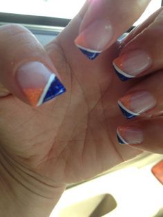 denver broncos nail designs | Denver Broncos Nails Boise State Nails, Blue Orange Nail Designs, Team Spirit Nails, School Spirit Nails Designs, Patriots Nails, School Spirit Nails, Bronco Nails, Gator Nails, Denver Broncos Nails