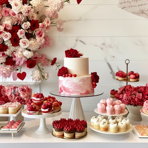 Bridal Shower Theme Unique, Bridal Shower In February, Bridal Shower Ideas For February, Bridal Shower And Bachelorette Together, Valentines Day Wedding Cake, Red Themed Bridal Shower Ideas, Valentines Shower Theme, Red And Gold Bridal Shower Ideas, Engagement Party Valentine Theme