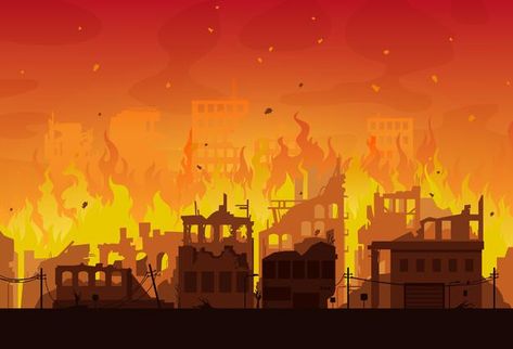 Burn House Background, Fire Background Drawing, House On Fire Drawing, Battlefield Background, Fire Cartoon, City On Fire, Destroyed City, City Ruins, Town Drawing