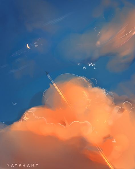 Sunset Sky Digital Art, Sky Drawing Digital, Sunset Sky Drawing, Aesthetic Sky Drawing, Sunset Reference, Sunset Sky Aesthetic, Drawing Sky, Drawing Sunset, Anime Painting