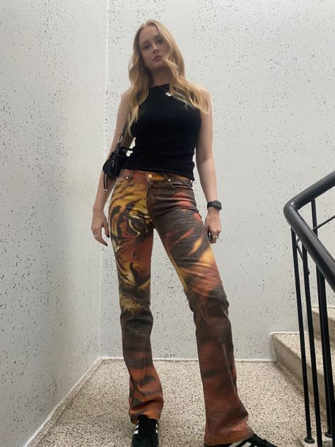 Roberto cavalli tiger pants, adidas sambas, vintage pants Tiger Inspired Outfit, Tiger Pants Outfits, Roberto Cavalli Pants, Roberto Cavalli Jeans, Tiger Print Pants, Tiger Jeans, Tiger Pants, 2000s Fashion Icons, Adidas Sambas