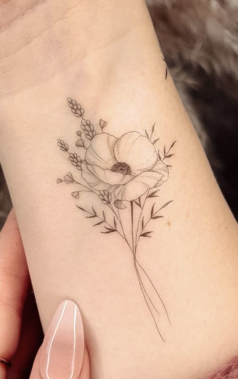 October Flower Tattoo Cosmos, Primrose Fine Line Tattoo, Gemini Birth Flower Tattoo, Lavender Poppy Tattoo, Poppy And Daffodil Flower Tattoo, Poppy And Lily Tattoo, Woodland Flower Tattoo, Dainty Poppy Flower Tattoo, Fine Line Cosmos Flower Tattoo