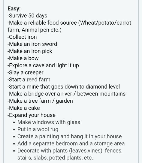 Minecraft Survival Challenges, Minecraft Challenges Ideas Survival, Minecraft Guide To Survival, Fun Things To Do In Minecraft Survival, Minecraft Survival List, Minecraft Survival To Do List, What To Build In Minecraft List, Minecraft Checklist Survival, Minecraft Goals List