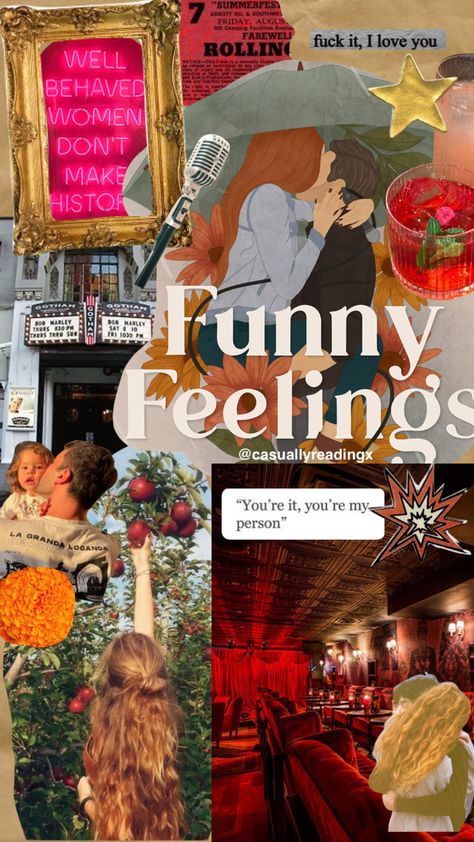 Funny Feelings Book Aesthetic, Funny Feelings Tarah Dewitt Aesthetic, Book Club Meeting Aesthetic, Funny You Should Ask Book Aesthetic, Tarah Dewitt, Books Fanart, Book Funny, Book Collage, Book Couples