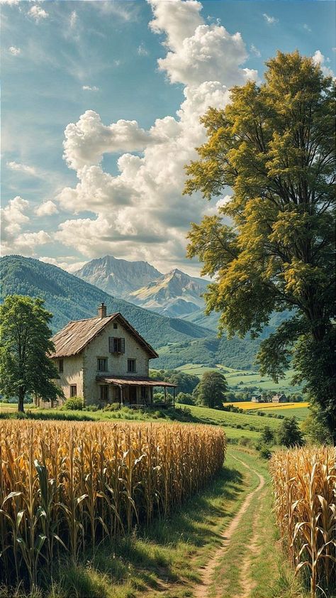 Rural Landscape Photography, Iphone Wallpaper Mountains, Rural Photography, Golden Fields, Beautiful Landscape Photography, Mountain Wallpaper, Rural Scenes, Majestic Mountains, Landscape Art Painting