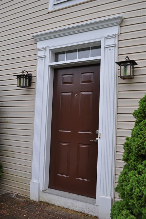 This could work. Our front door after we painted it brown and new light fixtures. Brown Front Door Ideas, Tan House White Trim, White Windows Exterior, Brown Front Door, Front Doors Colors, Exterior Front Door Colors, Doors Colors, Kitchen Window Coverings, Brown Front Doors