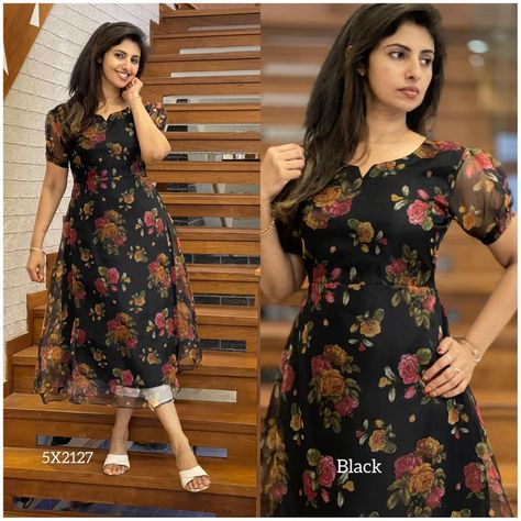 Black Floral Frock, Black Floral Saree Blouse Designs Latest, Black Floral Kurti Design, Dress Material Stiching Models, Churidar Tops Designs, Organza Dress Pattern, Floral Kurti Designs Latest, Floral Organza Kurti Designs, Organza Kurti Designs Indian